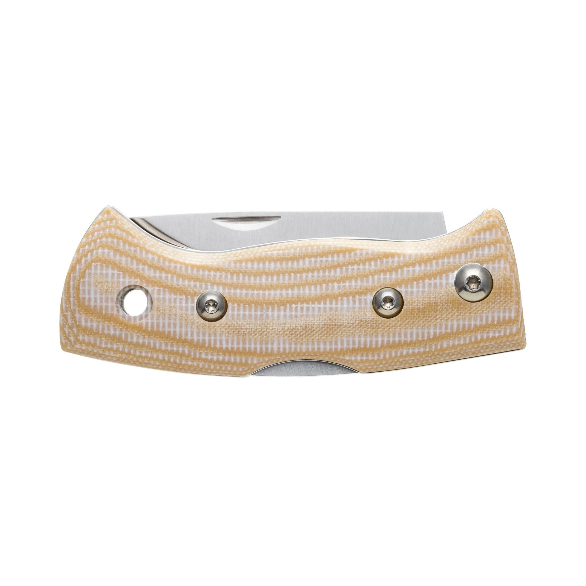 Helle Beige Canvas Micarta folding knife with a beige handle on a white background