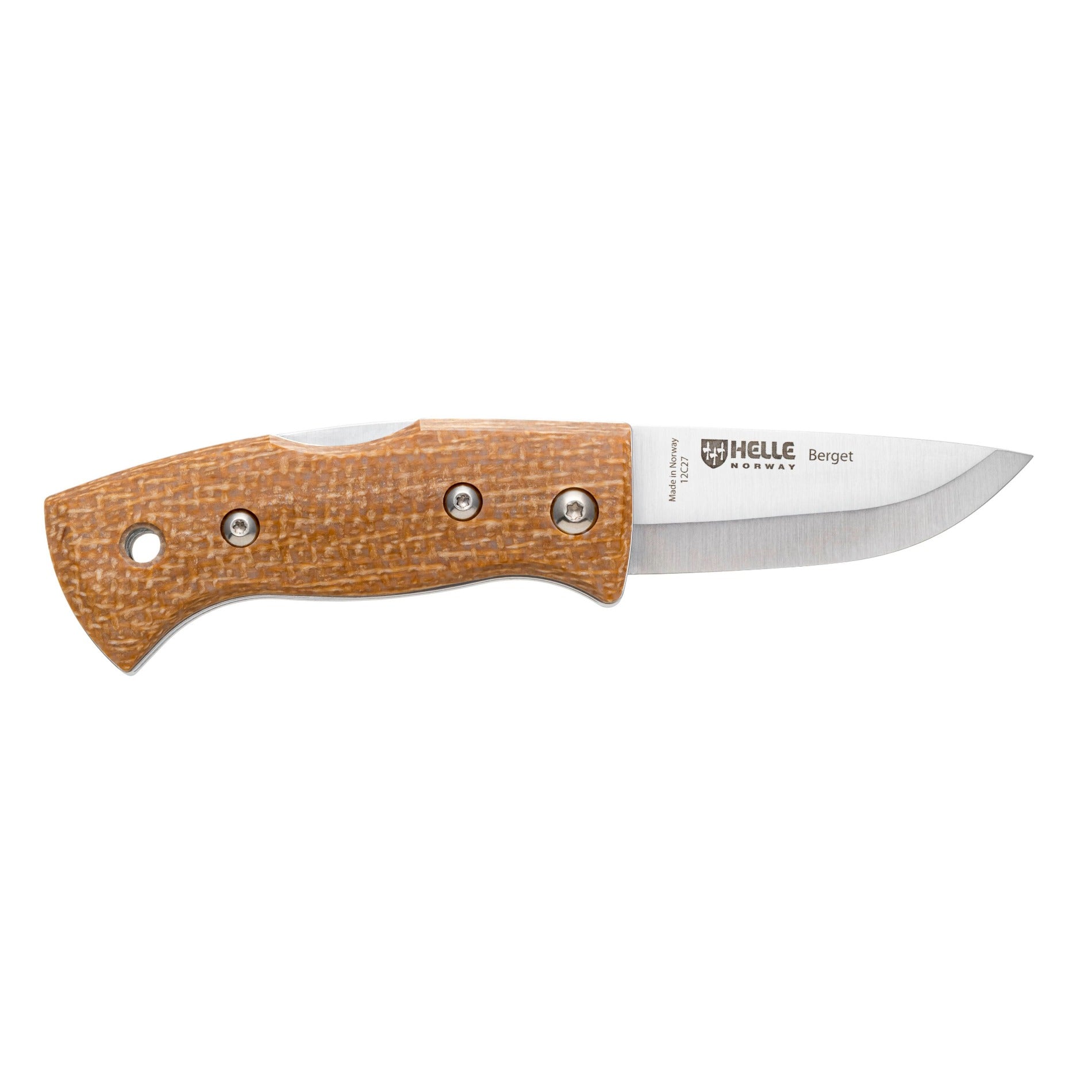 Helle Berget Mustard Jute Micarta folding knife opened